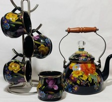 Mackenzie-Childs Flowers Tea Kettle, Matching 4 Mugs, Up To 3Qt