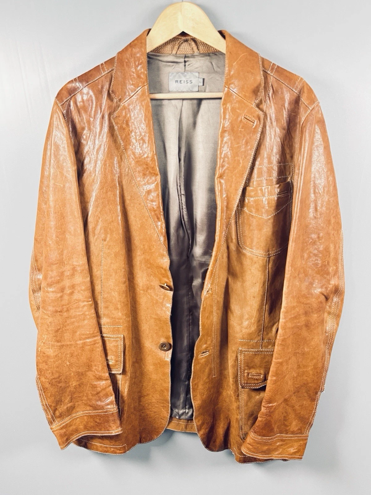 Reiss Tan Leather Blazer Jacket Mens Large Smart Casual Designer Soft Luxe