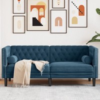 Chesterfield Sofa 2-Sitzer Blau Samt Mit Nackenrollen
