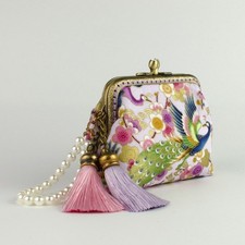 Handmade Art Deco Embroidered Peacock Coin Purse Pink Floral Metal Clasp Tassel