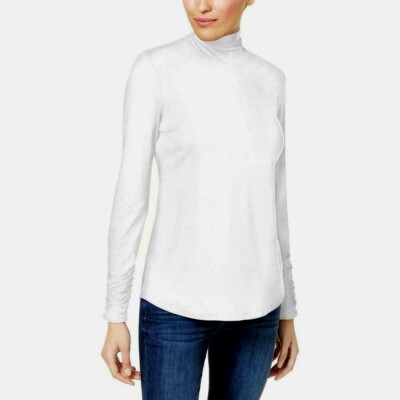 Style & Co. Mock Neck Long Sleeve Top Winter White Petite PP Stretch High Low