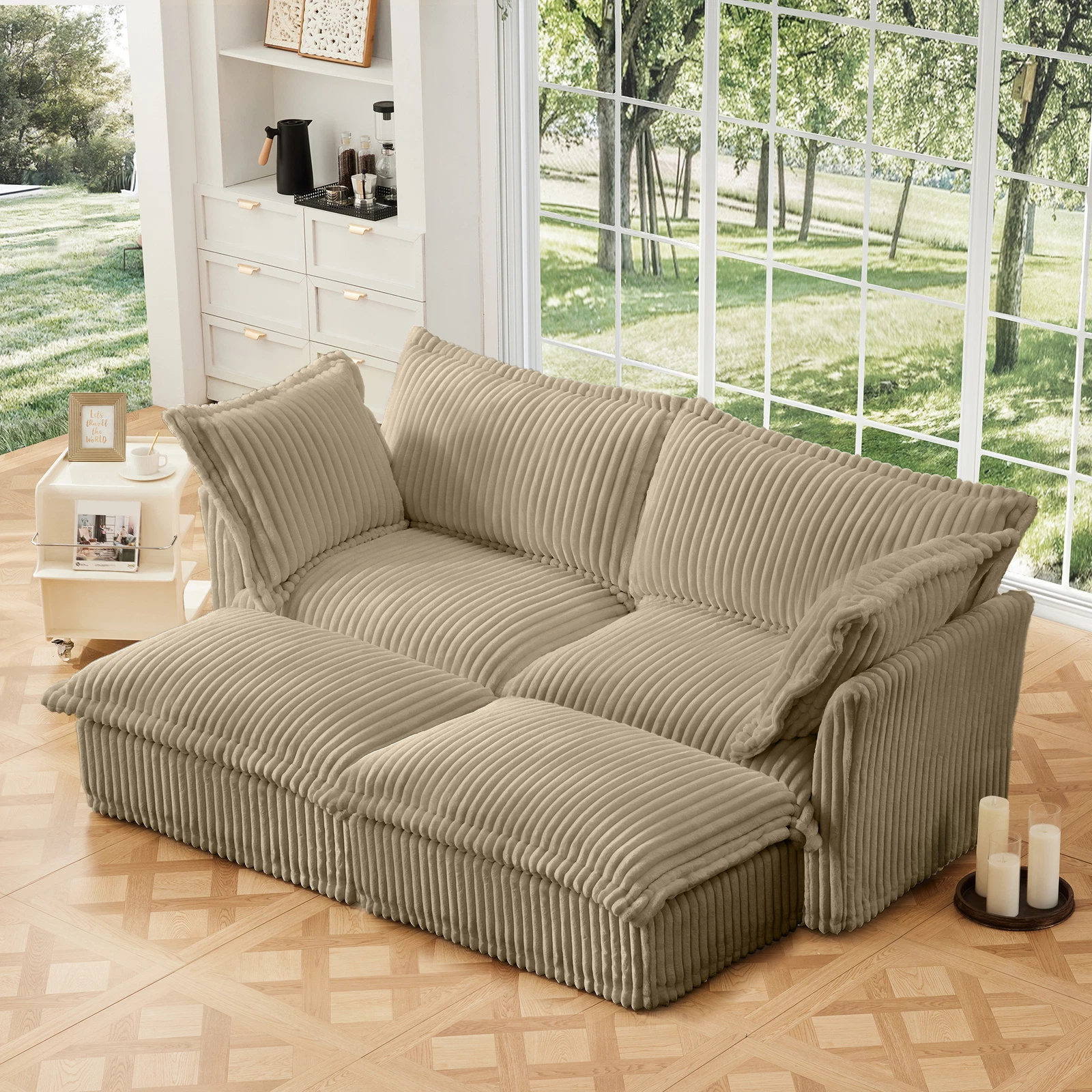 Slipcovered Sofa 2 Seater Sofa With 2 Ottomans, 2 Seater Sleeper Sofa Bed