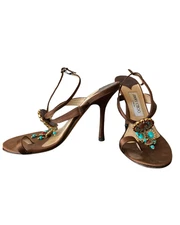 Jimmy Choo Brown Satin Embellished Ankle Strap Sandals