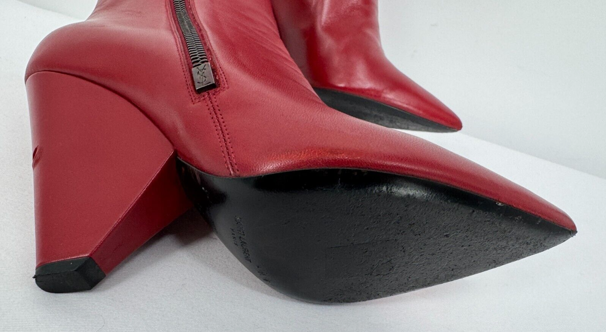 $1,350 SAINT LAURENT Niki Burgundy Red Leather Ankle Boots