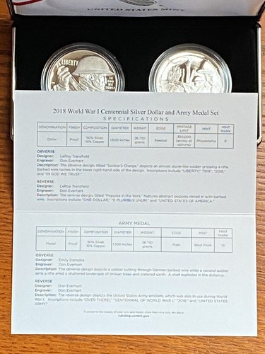 2018 WORLD WAR 1 CENTENNIAL SILVER DOLLAR AND ARMY MEDAL SET (WITH BOX & COA) - Picture 4 of 6