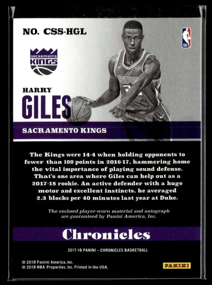 2017-18 Panini Chronicles Signature Swatches Harry Giles Auto 197/199 #CSS-HGL - Image 2 of 2