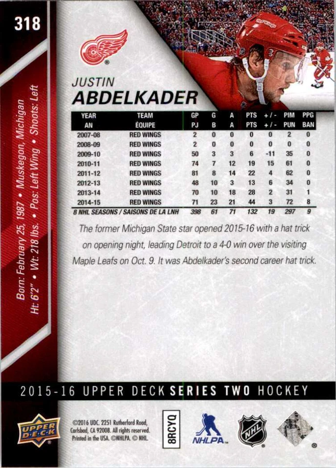 2015-16 Upper Deck Justin Abdelkader #318 - Image 2 of 2