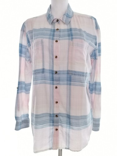 White stuff Size 14 (42) Blue Buttoned Shirt Blouse Cotton 100% Long Sleeve Pla
