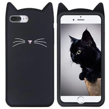 for iPhone 7+ Plus - Soft Silicone Rubber Case Cover Black Cat Kitty Whiskers