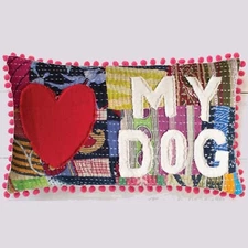 Love My Dog Kantha Throw Pillow Soft Patchwork Multicolor Red Tassel Rectangle