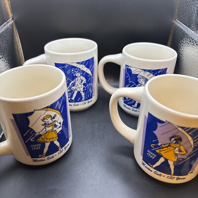 Vintage 1980s Morton Salt Coffee Mugs, Set of 4, NOS in Box When it Rains...