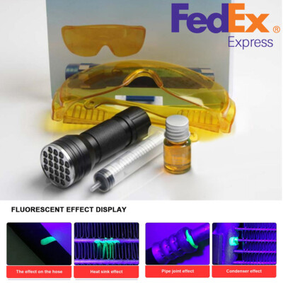 HVAC SET Leak Test Detector Kit 21 LED UV Flashlight Protective Glasses Dye Tool