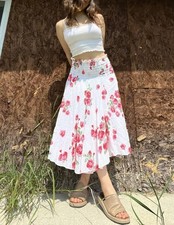 Vintage White  Red Rose Print Smocked Waist Maxi Skirt Size S