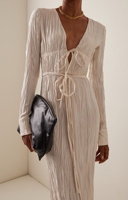 ALTUZARRA Carol Long Sleeve Satin Midi Dress Beige FR 42 NWT $2,614