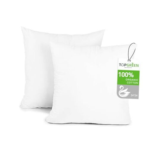 Feathers Down Throw Pillow Inserts 24x24, Set of 2, 100% Organic Cotton Shell,