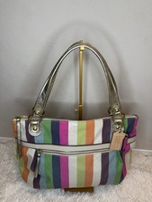 RARE Coach Multicolor Striped Zip Top Tote Gold Leather Double Handles Bag Charm
