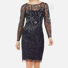 Adrianna Papell Dark Blue Beaded Long Sleeve Dress - Size 24W - NWT