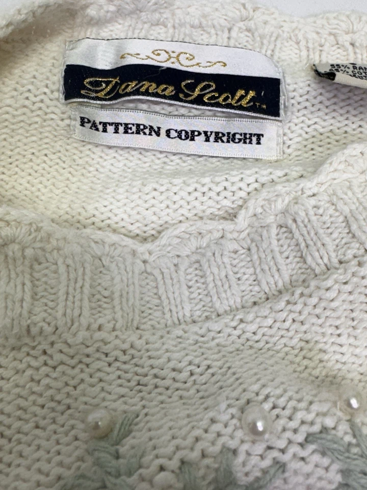 Suéter Vintage Dana Scott Mujer Floral Años 90 Cottage Cuentas Cable Tejido Talla S Foto 3 de 4