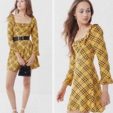 Urban Outfitters Yellow Plaid Ruffle Mini Dress Long Sleeve Mustard Black Small