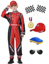 Boys Race Car Driver Costume Jumpsuit with Cap for Halloween Dress-Up