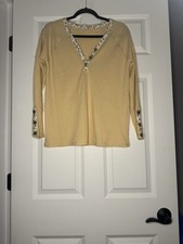 Bibi Long Sleeve Waffle Knit Henley Top Yellow W Floral Trim Large