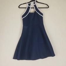 Crystal Doll Fit and Flare Dress Juniors 3 Navy Blue Good Halter White Trim