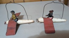 Rare Vintage Tin Litho Figures on Wooden Airplanes