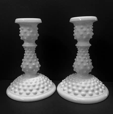 Pair of Matching Vintage Fenton Milk Glass Hobnail Candle Sticks 6”