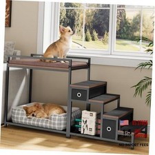 Dog/Cat Window Perch with Stairs and Seat Cushion, Pet Bunk Bed Solid Brown