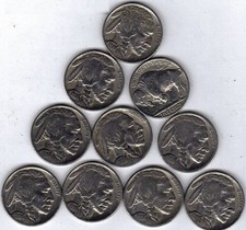 Count of Ten Circulated Buffalo Nickels 1913-1938 Fine - Random Date