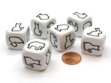Pack of 6 22mm Animal Attribute Dice - Duck, Fish, Elephant, Rabbit, Horse, Cat