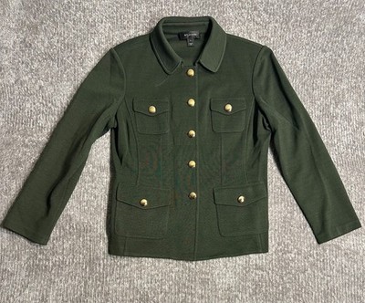 St. John Sport Womens 14 Olive Green Knit Jacket Wool Blend Gold Buttons USA