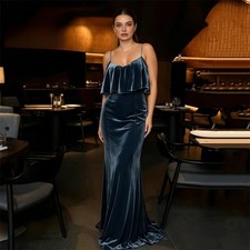 Spaghetti Straps evening dresses Velvet Prom Dress Sheath Party Formal Maxi Gown
