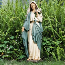 Virgin Mary Garden Statue, 24 Inches Saint Mary Holding Lilies Outdoor Sculpture