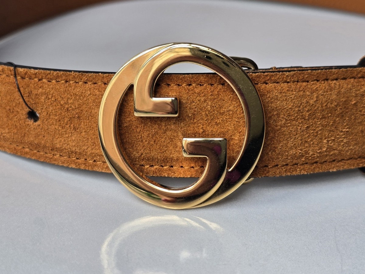 Gucci Belt 70 28 Brown Suede Gold GG Logo Buckle Blondie Cognac