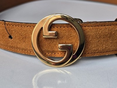 GUCCI ブラウンレザーベルト 70.28 Gucci Belt 70 28 Brown Suede Gold GG Logo Buckle Blondie Cognac