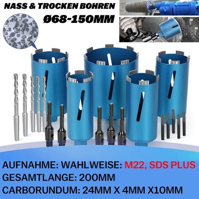 SDS PLUS Diamantbohrkrone Ø68-150mm L200 M22 Kernbohrer Nass Trocken Dosenbohrer