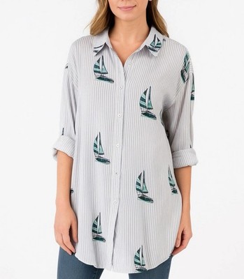 Blue Island Women s Sz Med Button Down Long Sleeve Striped White Blu Cottage NWT