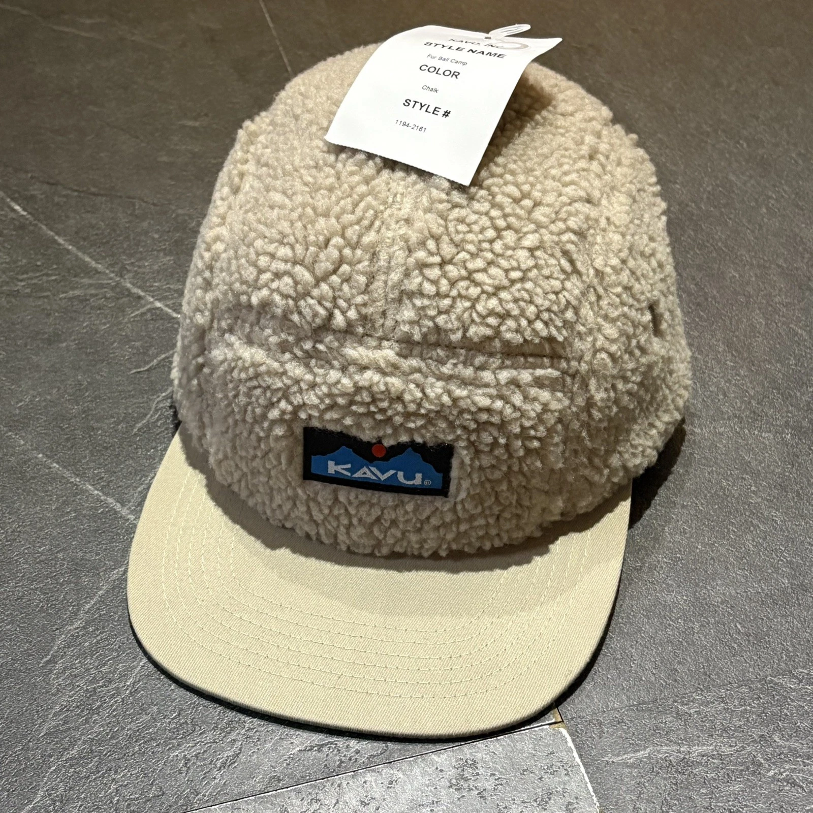 KAVU Fur Ball Cap One Size NEW Chalk Hiking Winter Hat Fleece Strap Beige