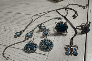 Vintage Native Butterfly Silver Turquoise Pendant Necklaces  Rings & Earrings 
