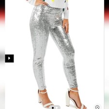 Tipsy Elves Silver Sequin High Waisted Leggings Women's Size Large NWT