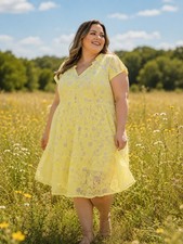 Talbots Floral Eyelet Yellow  Fit Flare Cottagecore Ruffle Summer Dress Sz 22WP