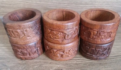 Set of 6 Hand‑Carved Wooden Napkin Rings – Floral Design – Vintage Style - Image 1 of 4