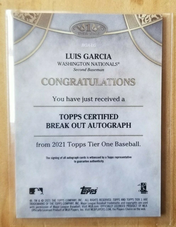 LUIS GARCIA 2021 TOPPS TIER ONE ROOKIE BREAKOUT AUTO #090/300 NATIONALS RC - Image 3 of 3