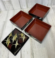Japanese Lacquer Stack Bento Box Lunch Container 3-Tier 7” Crane Made in Japan