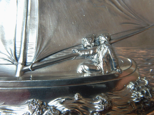 ANTIQUE ART NOVEAU WMF GERMAN SILVERPLATED SAILING BOAT CARD TRAY - Picture 7 of 8