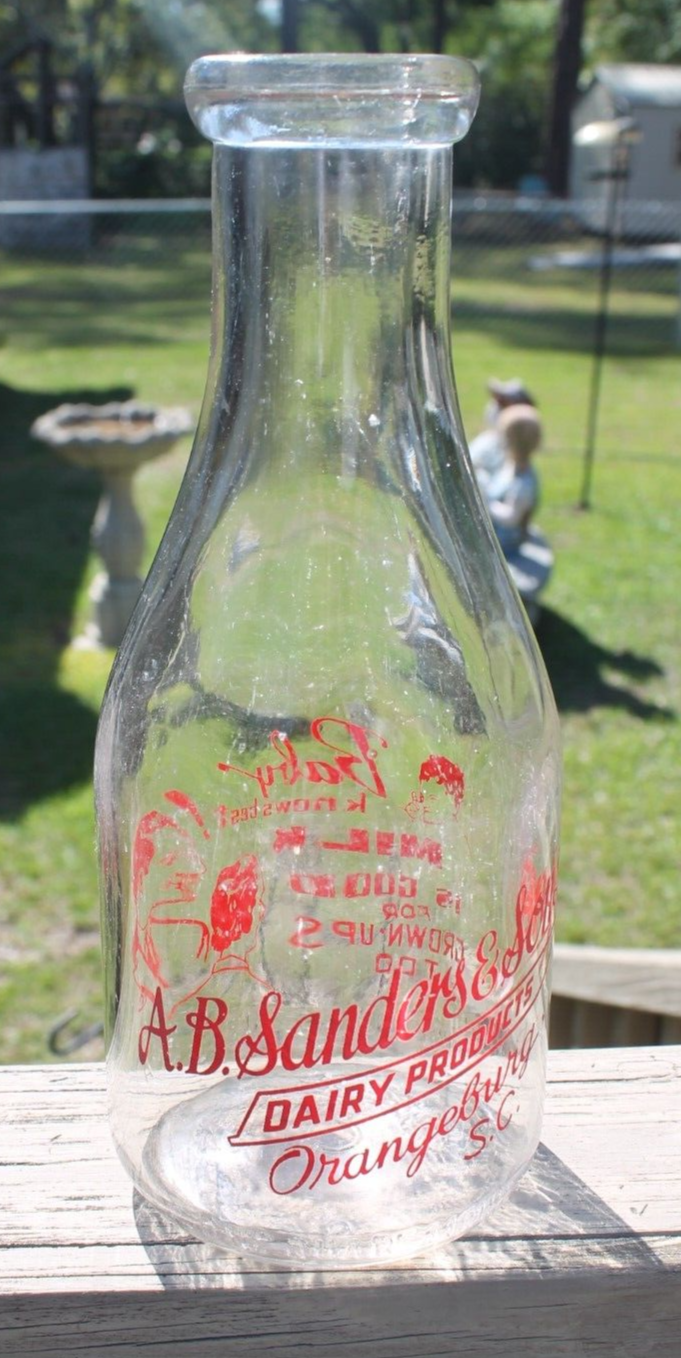 ANTIQUE A B SANDERS & SONS ORANGEBURG SC QUART MILK BOTTLE 9 1/2 INCHES