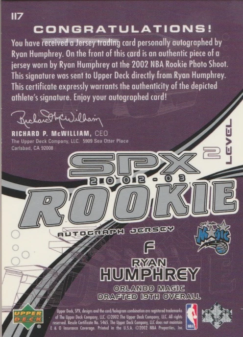 Ryan Humphrey 2002 UD SPx rookie RC autograph auto card 117 /1990 - Image 2 of 2