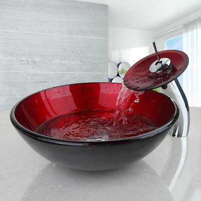 Bathroom Red Art Tempered Glass Basin Vessel Sink Faucet Waterfall Mixer Tap Set