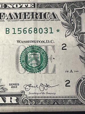 2013  B  One Dallar Bill , Duplicate  Error , Star Note B 15668031* W. DC